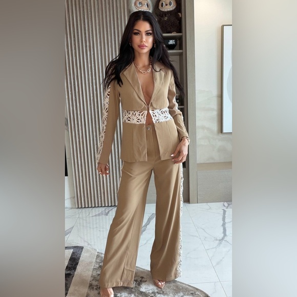 Pants - NWT The Sand Luce Set, Elegant Tan Lace-Trimmed Women's Pantsuit